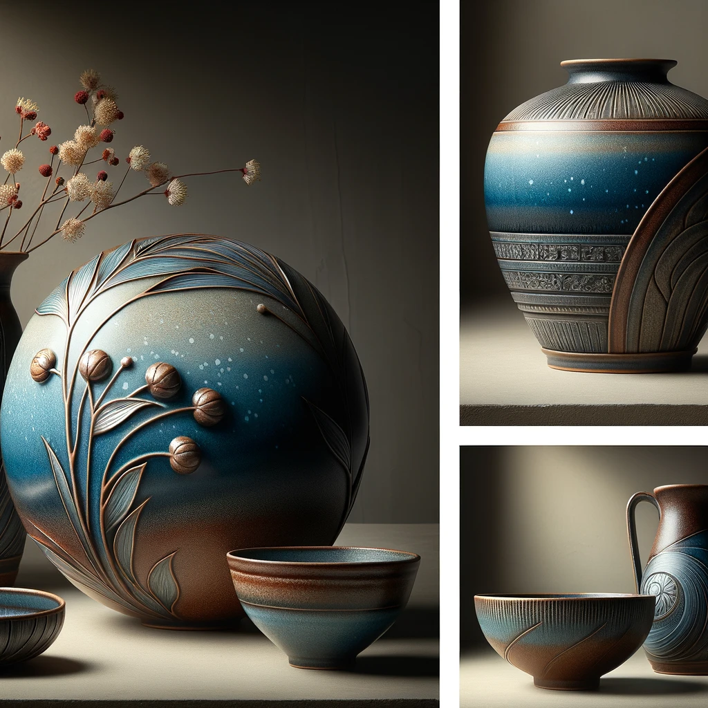 A series of images showcasing a beautifully crafted ceramic piece, ideal for display in a ceramic shop. The first image shows a round ceramic vase with an elegant, glossy finish, featuring a vibrant blue glaze with subtle white speckles. The second image depicts a ceramic bowl with a rustic, earth-toned matte finish, displaying intricate embossed patterns. The third image presents a tall, slender ceramic pitcher, with a sleek modern design, glazed in a deep red with black accents. Each piece should be artistically lit, highlighting the textures and colors, and presented on a neutral background to emphasize the craftsmanship.